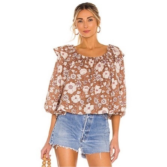 Free People Miss Daisy Printed Top in Vintage Tan Brown Flowers BOHO Sz XS - Picture 1 of 12